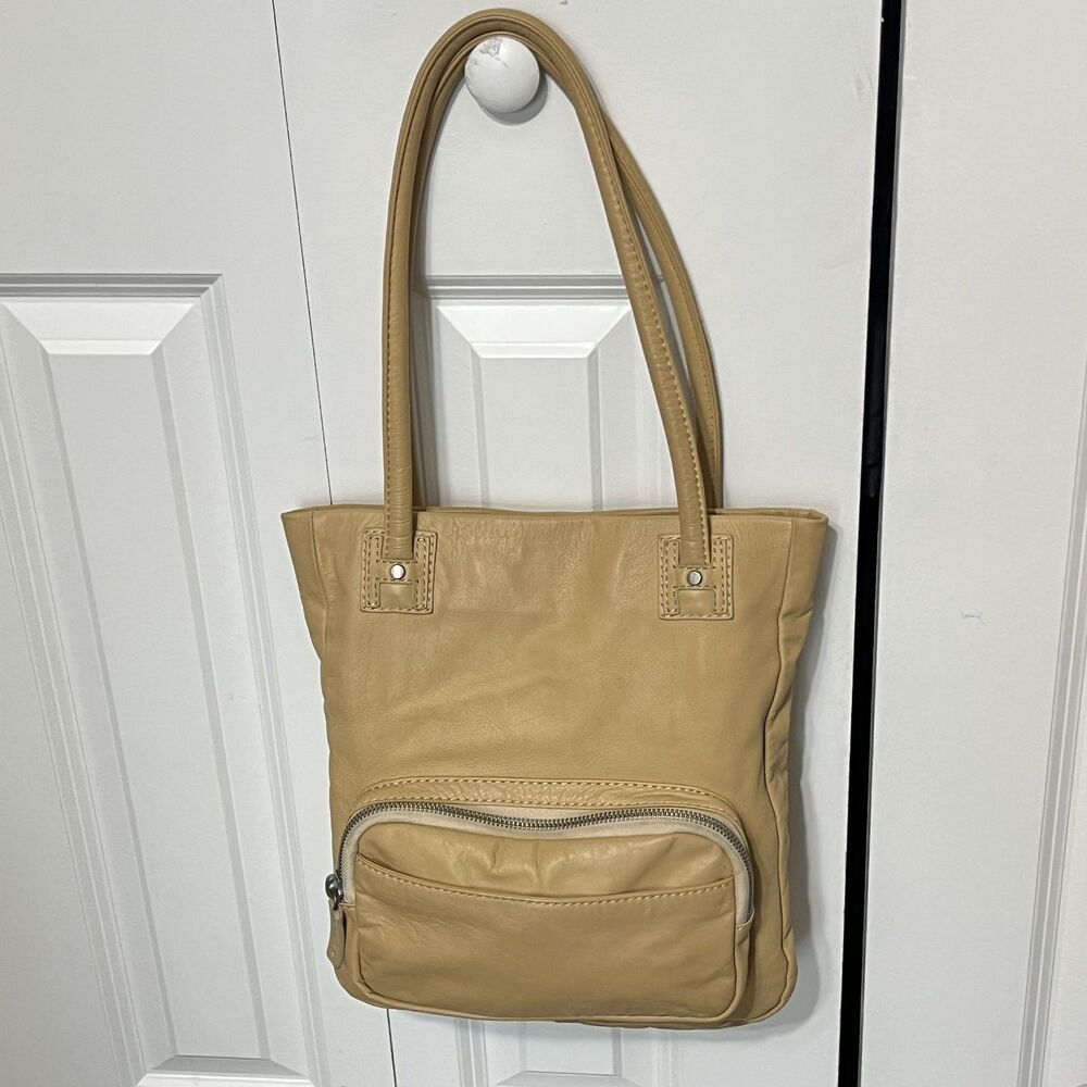 Hobo International Tote Bag Womens Medium Beige Leather Zip Pocket Shoulder